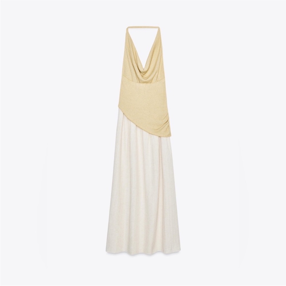 Zara NWT contrasting combination two tone cream and tan maxi halter dress - Picture 10 of 11